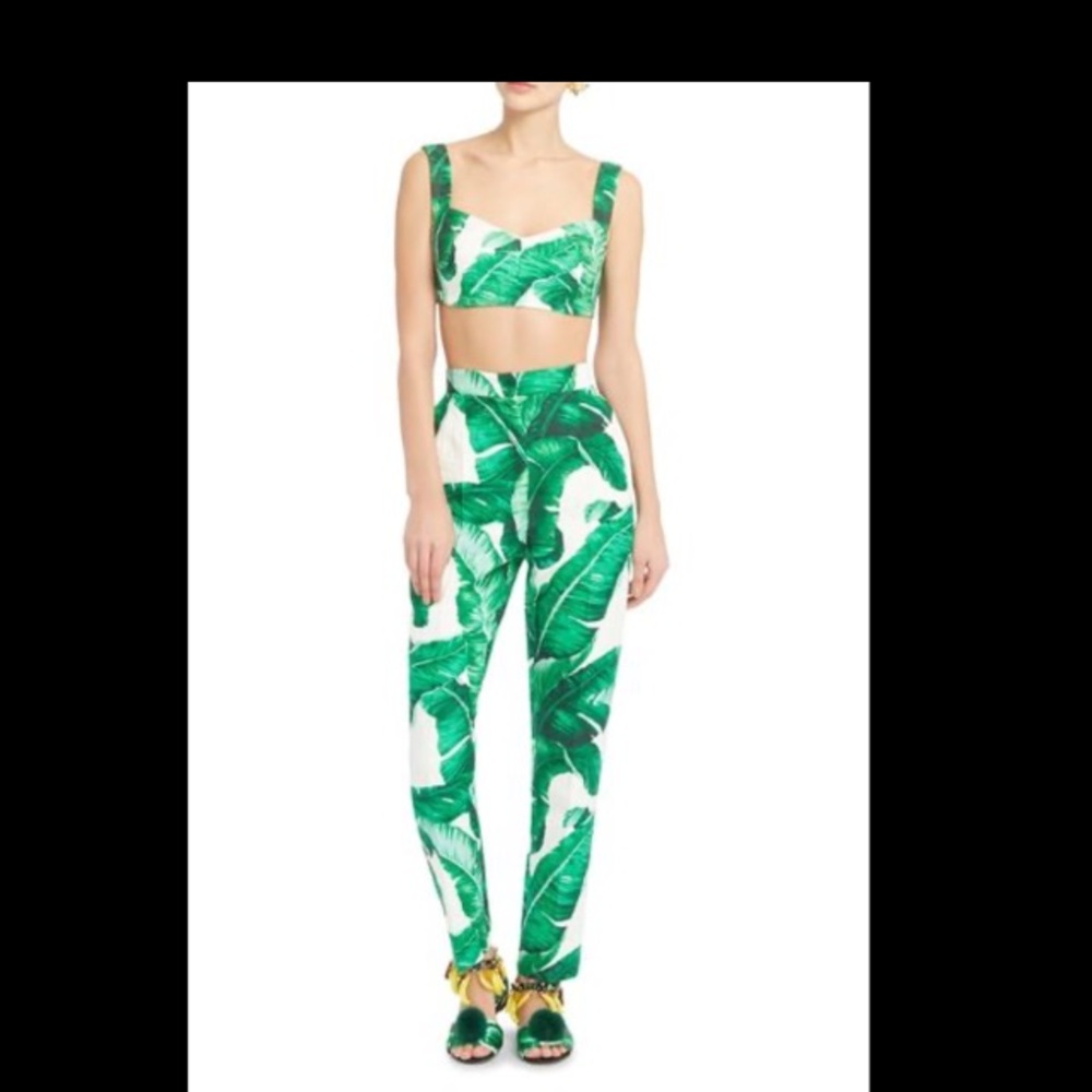 Green Leaf Print Belted Trousers and Crop Top Set